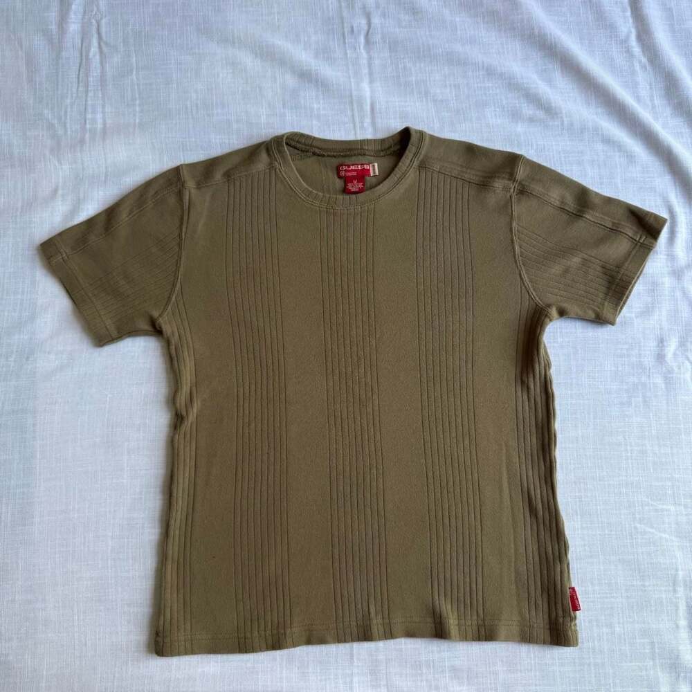 Vintage Y2K Guess Ribbed Crewneck T-Shirt Olive Green - Picture 1 of 4